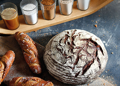 Ein Brot und Stangen gebacken aus Craft Malz liegen zusammen mit verschiedenen Gläsern gefüllt mit den unterschiedlichen Malzen auf einem Tisch